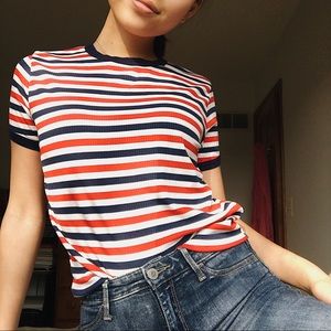 red white and blue striped tee
